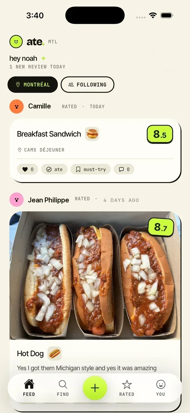 The ate. feed showing friends' dish ratings: an 8.5 breakfast sandwich and an 8.7 Michigan-style hot dog, each with its score.