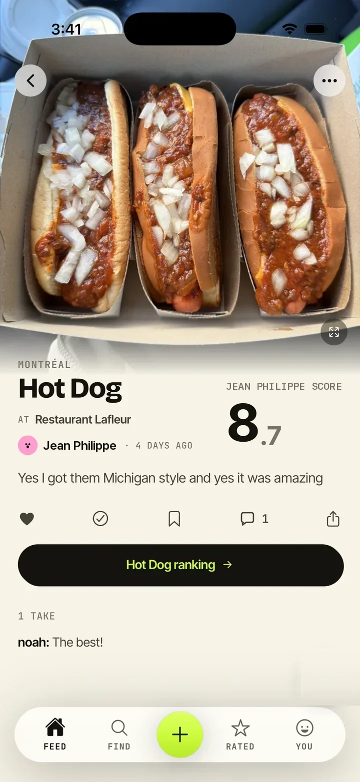 A dish post: Michigan-style hot dogs rated 8.7 out of 10, with a photo, a note, and a take from a friend.