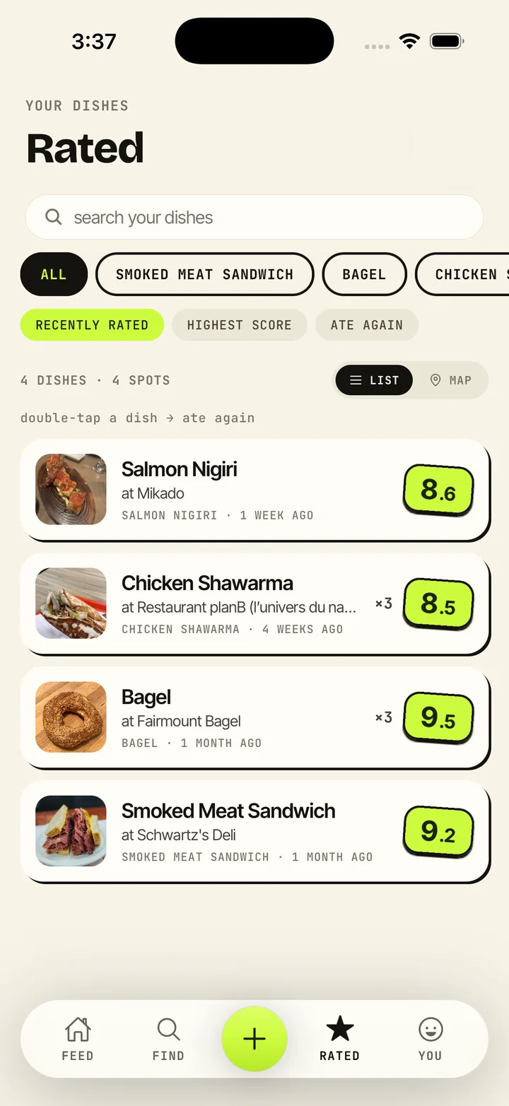 The Rated tab listing your own dish history with scores, filters, and repeat visits.